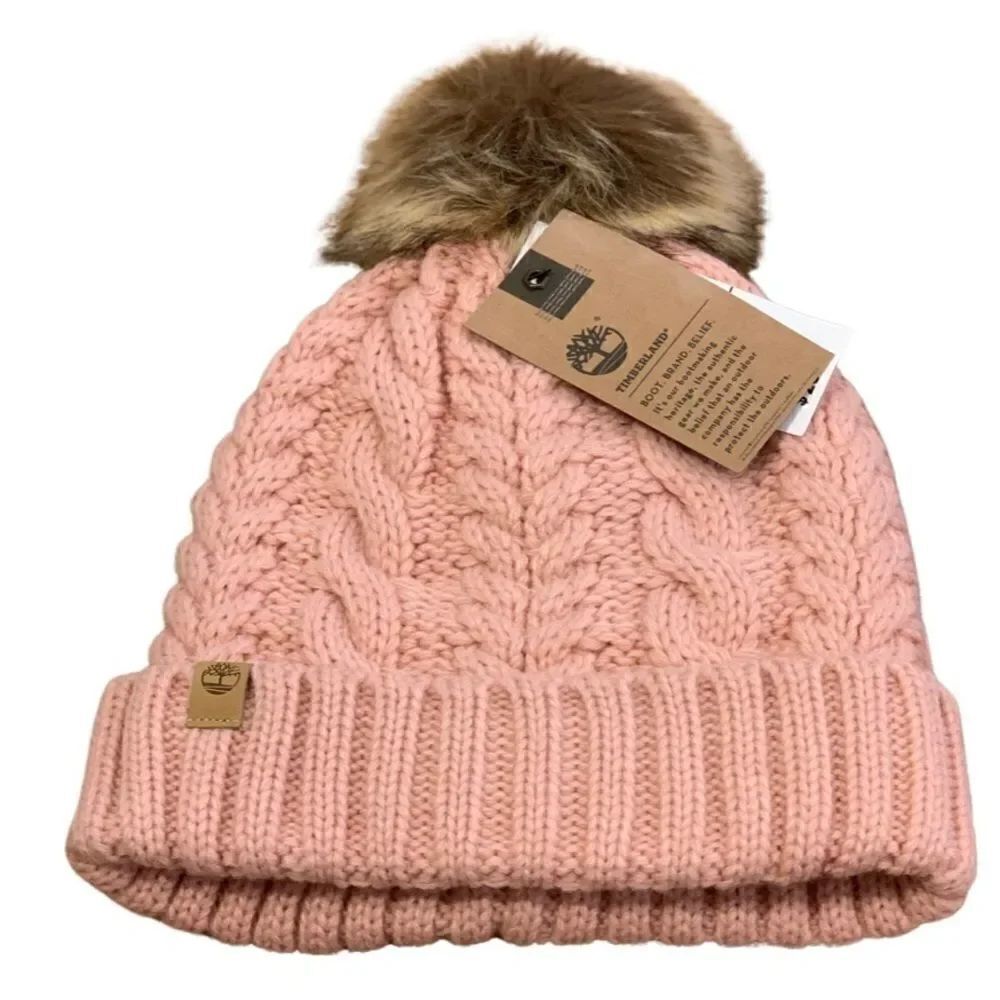 Timberland Cable Knit Beanie Hat  with faux fur Pom Pom